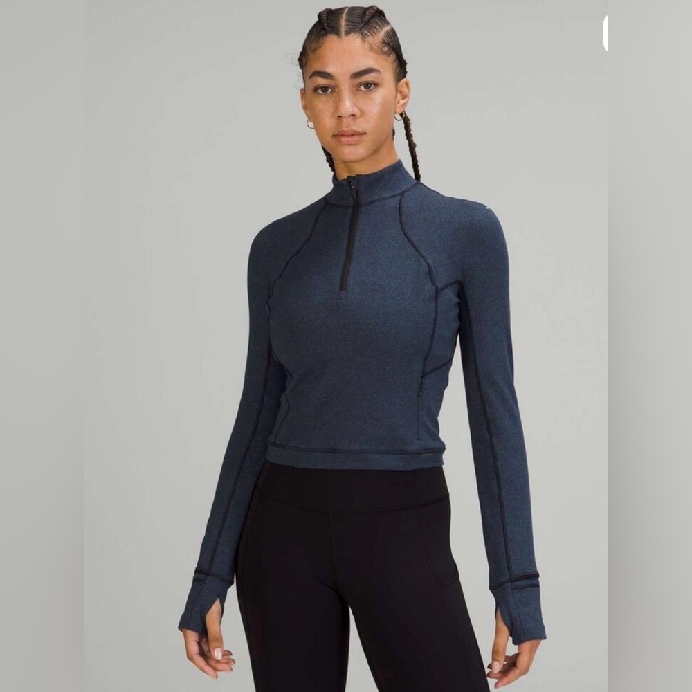 Lululemon It's Rulu Cropped Half Zip in Heather Navy Blue